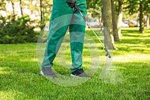 Worker spraying pesticide onto green lawn, closeup. Pest control