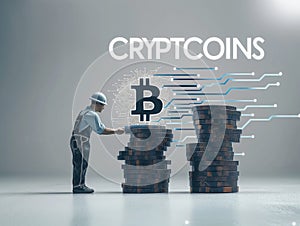 Worker Stacking Coins with Bitcoin Symbol