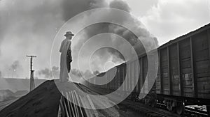 A worker standing on a riser directing the movement of train cars as they are filled with coal photo