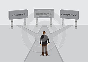 Worker Stands in Cross Road in Choosing the Right Career Cartoon Vector Illustration