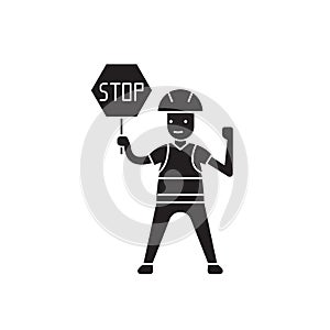 Worker with a stop sign black vector concept icon. Worker with a stop sign flat illustration, sign