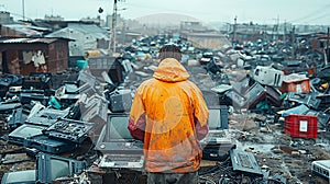 A worker is surrounded by various electronic waste at a recycling plant. Modern electronic waste