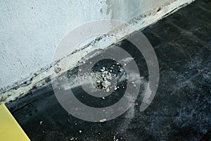 Worker sweeps construction debris with a broom.
