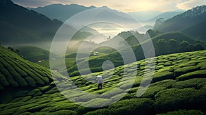 Worker on a Tea Plantation at Sunrise with Misty Mountains