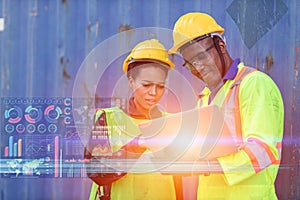 Worker with technology for helping work logistic control loading tracking containers at port cargo to trucks for export and import