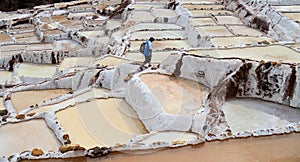 Worker at thef Salinas de Maras is located along the slopes of Qaqawinay mountain,