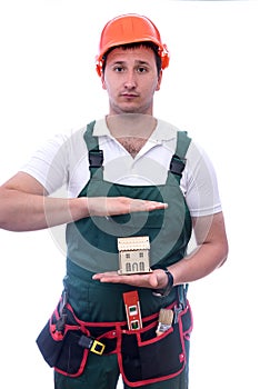 Worker with tool belt isolated on white