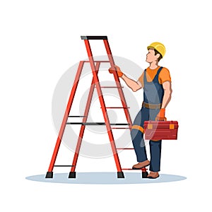 Worker with toolbox use a ladder. Builder with uniform and helmet. Engineer on stepladder. Isolated industrial scene