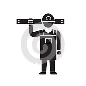 Worker with tools black vector concept icon. Worker with tools flat illustration, sign