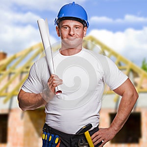 Worker with tools. Construction, renovation concept.