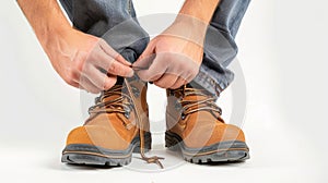 Worker tying the laces of robust work boots, closeup photo