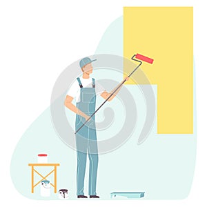 Worker in uniform paints the wall with a roller. Man making house or home apartment interior renovation. Cartoon flat man builder