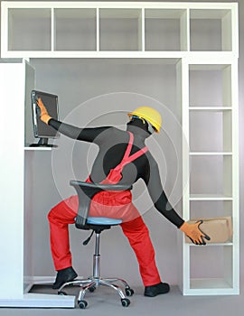 Worker in uniform sitting on stool ,putting  package on the shelf