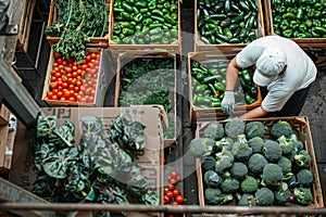 A worker unloading boxes of vegetables from the back