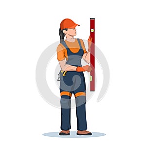 Worker use spirit level. Builder with hand tool. Girl in uniform with building level. Isolated industrial scene