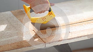 Worker uses a handsaw and saws a wooden shield at home. Construction concept