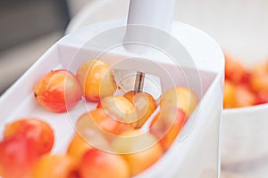 Worker uses a simple tool to extract pits from fresh cherries and prepare them for further use. Manual work with fruit. Seasonal