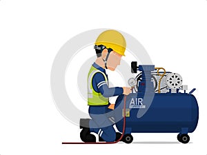 worker is using the air compressor on whtie background