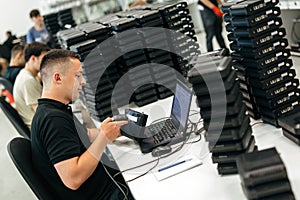 Worker using barcode reader