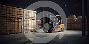 A worker using a forklift to move heavy crates in a stora created with generative AI