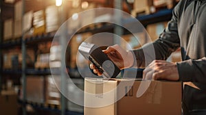 The warehouse worker scanning package. AI generated