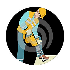 Worker using pneumatic hammer drill vector illustration flat