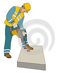 Worker using pneumatic hammer drill vector illustration flat