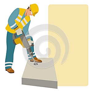 Worker using pneumatic hammer drill vector illustration flat