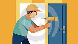 A worker using a power drill to secure the hinges onto the door frame.. Vector illustration.