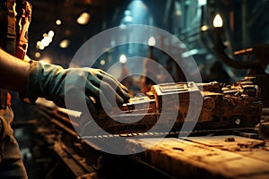 Worker using power tool in dimly lit workshop, dramatic lighting on hand and tool, dark background