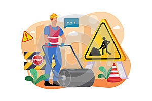 Worker using road roller makes paving on highway or street