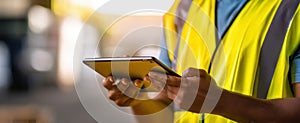 The worker using a tablet for construction management in a safety environment..AI generated image