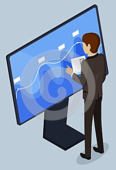 Worker Using Touchscreen Monitor with Graph Vector