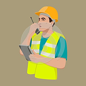 Worker with walkie-talkie radio vector illustration flat
