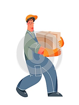 Worker of warehouse carrying heavy cardboard box with effort, man in loader uniform