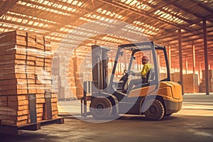 Worker in a warehouse operates forklift-truck loading and transports cargo. Worker in forklift loader packed goods. Generative AI