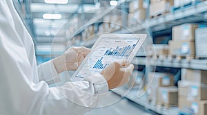 A worker in a warehouse stands in an aisle and looks at a tablet that displays a data chart