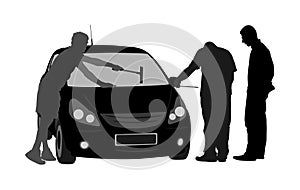 Worker washing car windows vector silhouette. Pit stop vehicle. Mechanic assistance to customer. Auto service repair center.