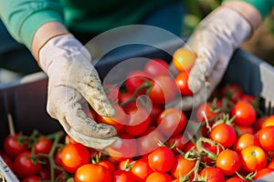 worker wearing gloves picking cherry tomatoes