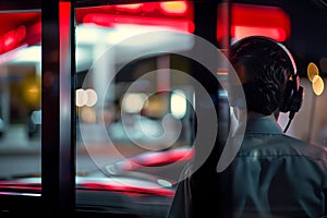 worker wearing a headset at a drivethru window