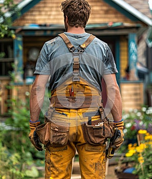 A worker wearing an open tool belt showing tools and holding