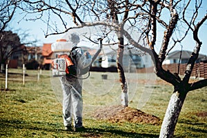 Worker wearing protective clothing and spraying pesticides, insecticides and other organic chemicals