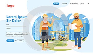 Worker wearing safety helmet working at construction sit with many heavy equipment landing page image template
