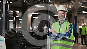 Worker Wearing Safety Uniforms and Hard Hats Standing, Smiling, Arms Crossed, and Being Happy in a Factory near Forklift