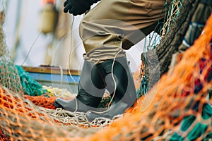 worker wearing waders while repairing nets photo
