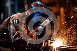 A worker wearing a welding mask working generative AI