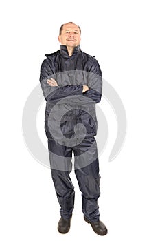 Worker wearing worksuit.