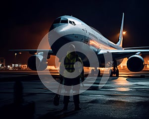 Worker wearing yellow jacket looks at the passenger plane. Service personnel working at the airdrome at night. Generative AI photo