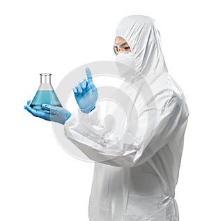 Worker wears medical protective suit or white coverall suit with beaker