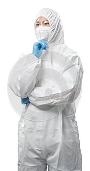 Worker wears medical protective suit or white coverall suit think or analyse isolated on white